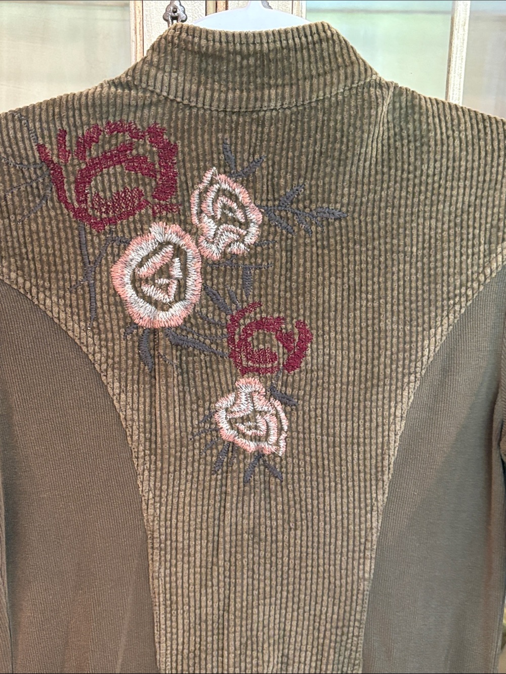 XCVI Olive Green Corduroy Zip-Front Jacket-Dress with Floral Accents - Picture 3 of 14
